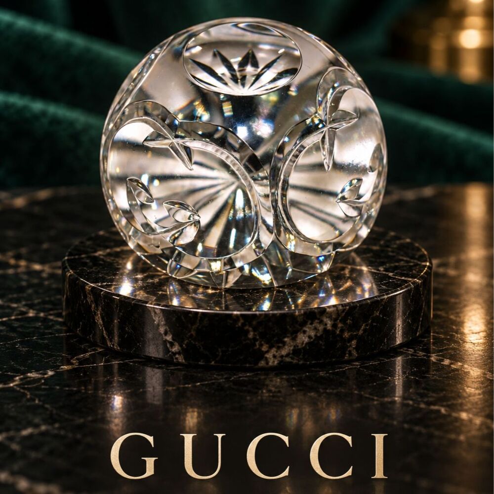 Vintage Gucci Double G Cut Crystal Paperweight Signed France 2.34" GG Decor